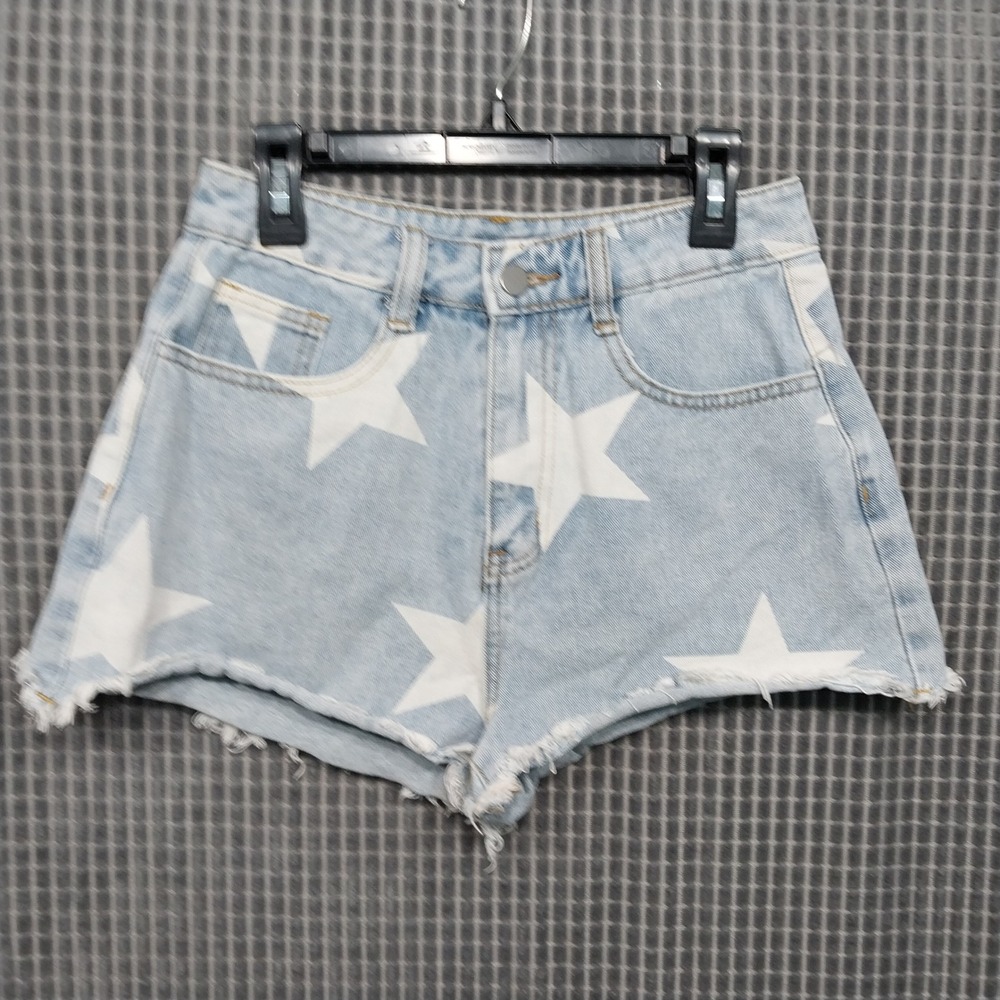SHEIN Womens Denim Shorts Star Print Raw Hem Size 2 Light Blue
